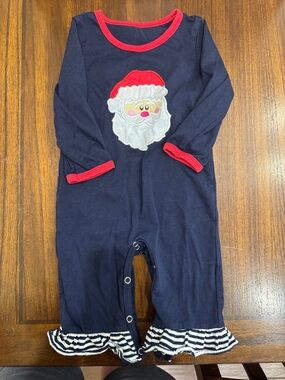 Navy Baby Romper with Red Trim and Santa Appliqué